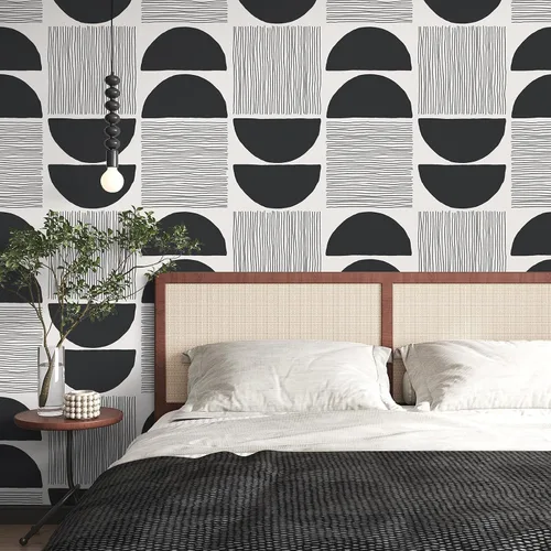Vista 4 de VEELIKE Papel tapiz moderno de mediados de siglo en blanco y negro, papel tapiz geométrico abstracto para dormitorio, baño, 17.7 x 118 pulgadas