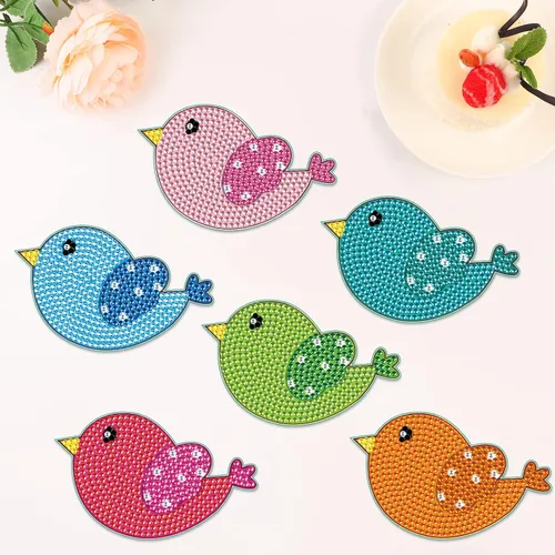 Vista 7 de Tontut 8 posavasos de madera de pintura de diamante con soporte, posavasos de pájaro pequeño, kits de arte de diamantes para principiantes, adultos