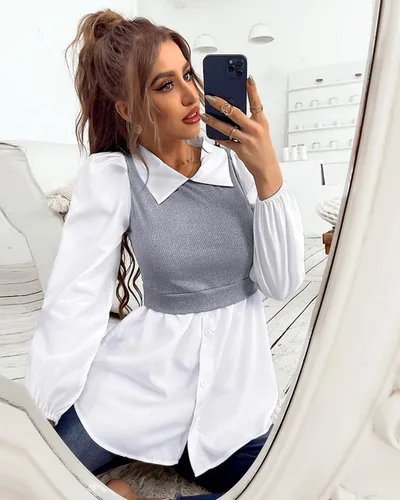 Vista 2 de YOXUA Camisa de manga larga con botones para mujer, cuello 2 en 1, estilo acanalado, péplum