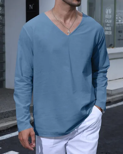 Vista 3 de MyDearie Camisa casual de lino con cuello en V para hombre, manga larga, hippie, playa, camiseta sólida ligera para yoga tropical