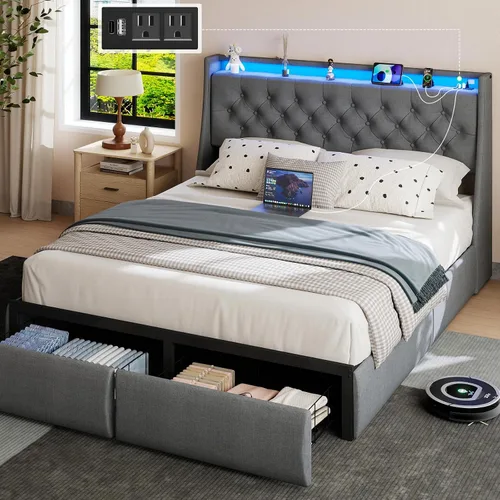 Vista 13 de SADENICEL Full Size Bed Frame with 4 Storage Drawer, Full Bed Frame, Grey