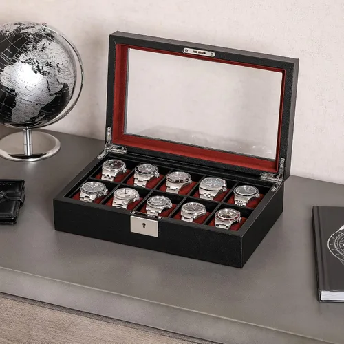 Vista 3 de ROTHWELL Juego de regalo Caja de reloj de cuero con 10 ranuras y funda de viaje para 2 relojes a juego - Organizador de exhibición de estuche