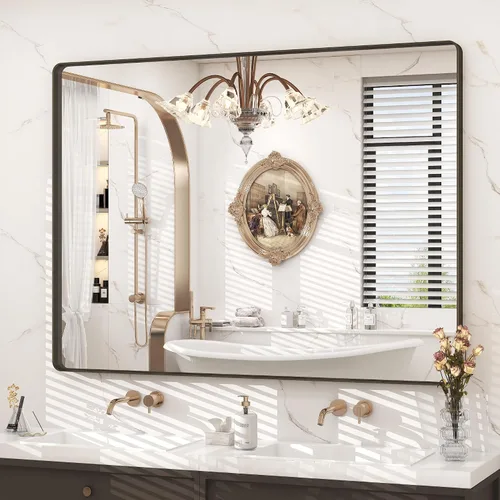 Vista 27 de Espejo rectangular para pared de baño de 20x30 pulgadas con marco negro mate, espejo de tocador con esquinas redondeadas, espejo de baño de metal