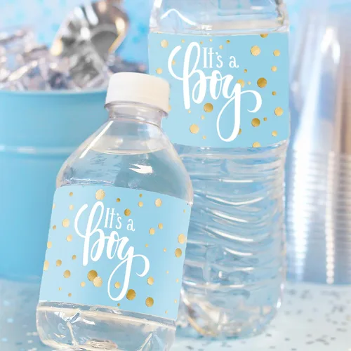 Vista 2 de Etiquetas para botellas de agua con texto en inglés "It's a Boy" (24 calcomanías)