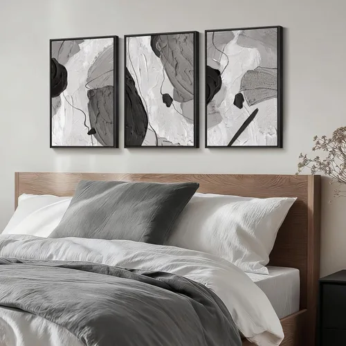 Vista 2 de Arte de pared abstracto moderno enmarcado en blanco y negro, 3 piezas de impresiones en lienzo pinturas obras de arte para paredes, cuadros Negro