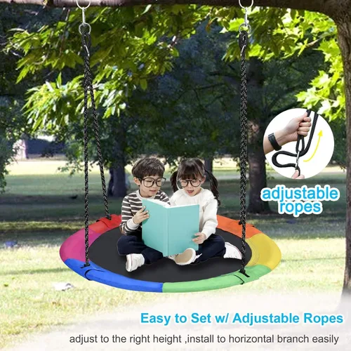 Vista 5 de Columpio de árbol de platillo de 43 pulgadas para niños, columpio redondo de textileno duradero, resistente, impermeable y resistente a todo