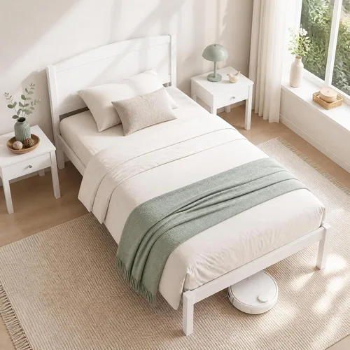 Vista 13 de KOMFOTT Marco de cama de tamaño individual, cama de plataforma de madera Nogal