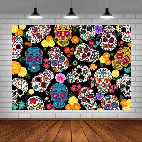 Vista 4 de AIBIIN Telón de fondo del Día de los Muertos de 10 x 7 pies, fiesta mexicana, calavera de azúcar, fondo de fotografía Dia DE Los Muertos, decoración