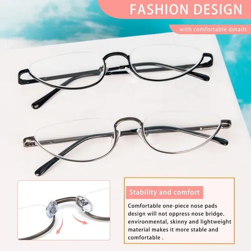 Vista 3 de Lentes de lectura de media luna para hombres y mujeres, lentes de montura metálica con bisagra de resorte