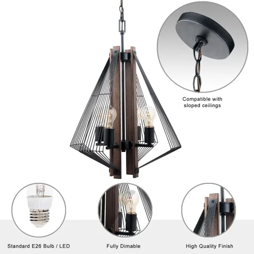 Vista 8 de Zenith - Lámpara colgante de 4 luces de madera y marco de metal moderno Pendat - Negro y madera