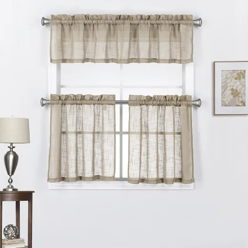 Vista 6 de Juego de 3 cortinas de lino con textura para ventana de cocina y cafetería, 24 pulgadas de largo, color negro