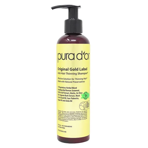 Vista 2 de PURA D'OR Original Gold Label Champú de biotina antiadelgazamiento con aroma terroso natural y terapia del cuero cabelludo, revitalizador de suero