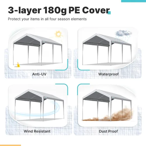 Vista 4 de ADVANCE OUTDOOR Kits de cochera de techo de metal de 10 x 20 pies, toldo de acero resistente para automóvil, garaje rígido, gris