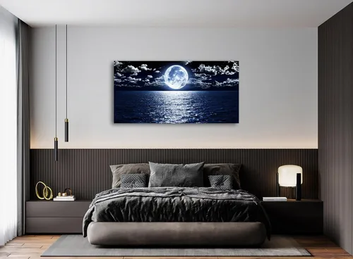 Vista 3 de Cao Gen Decor Art S06950 - Lienzo decorativo para pared, diseño de luna, mar, océano, paisaje, 1 panel, luna llena en nube, cuadros estirados