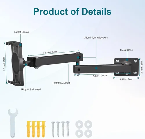 Vista 8 de Mippko Soporte plegable de pared para iPad, soporte para tableta, soporte ajustable de 360°, brazo articulado de aleación de aluminio extensible