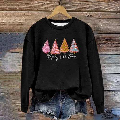 Vista 2 de Ceboyel Sudadera con diseño de árbol de Navidad para mujer, cuello redondo, suéter de manga larga, ropa divertida de moda 2023