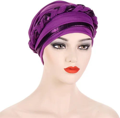 Vista 3 de Turbante para mujer Pañuelo de cabeza trenzado brillante sedoso trenzado para quimioterapia para la cabeza de cáncer
