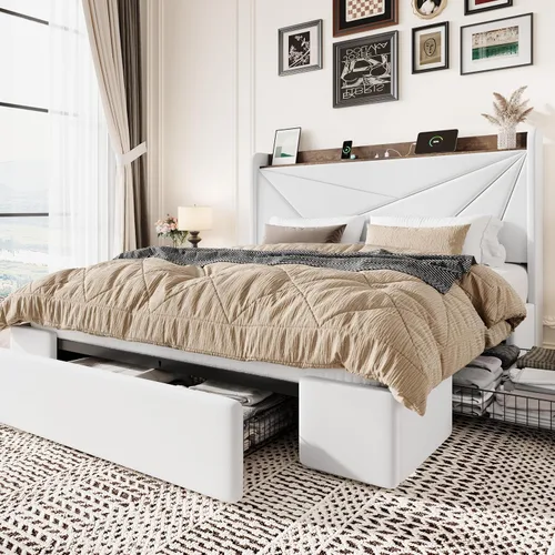 Vista 11 de SHA CERLIN Base de cama tamaño matrimonial con 3 cajones, puertos de carga USB y tipo C, cama plataforma tapizada en terciopelo con cabecera