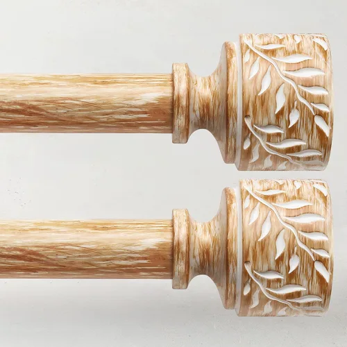 Vista 10 de Barras de cortina de madera boho para ventanas de 32 a 45 pulgadas, barra de cortina ajustable de 1 pulgada con remates de hojas de grano de madera