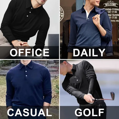Vista 7 de A WATERWANG Polera polo de manga larga para hombre, de algodón, ajustado, diseño básico