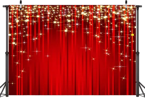 Vista 11 de Sensfun 6x6 pies Telón de fondo rojo con estrellas de Navidad, purpurina dorada, estrella de fotografía, fondo de foto con serpentina roja, telones