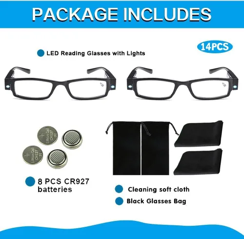 Vista 2 de Lectores LED brillantes con luces, lupa iluminada, lector nocturno, lentes compactos de marco completo, visión clara, unisex, visión clara, lentes