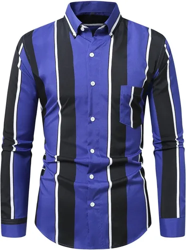 Vista 3 de Camisa a rayas para hombre, manga larga con estampado retro de discoteca de los años 70, ajuste regular, parte superior con bolsillo