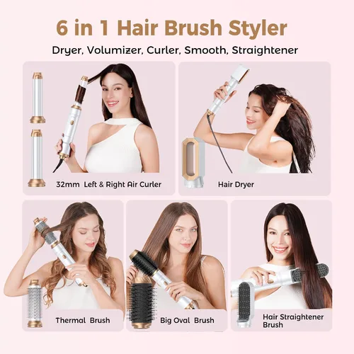 Vista 2 de Cepillo secador de cabello mágico Air Styler 6 en 1, cepillo secador iónico negativo y 3 configuraciones de calor, rizado automático desmontable