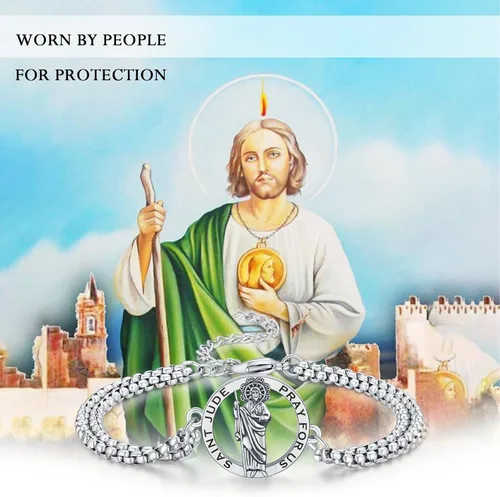 Vista 107 de Pulsera unisex de San Miguel/Cristóbal/Benedicto/Jude/José/Guadalupe/Ángel de la Guarda/Santa Muerte Pulsera de plata de ley 925 con cadena de doble