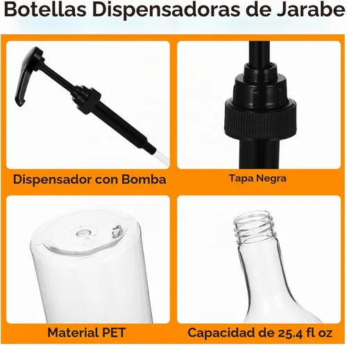 Vista 3 de Botellas de jarabe de 25 onzas con bomba, botellas de cuello largo, dispensador de bomba de jarabe de plástico para cafeterías, accesorios