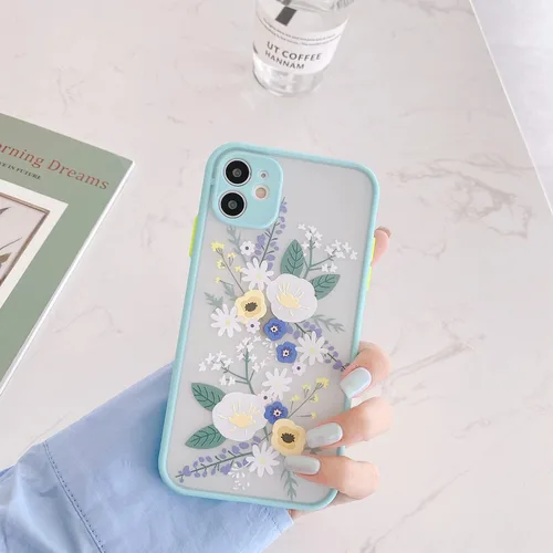 Vista 2 de Ownest Funda compatible con iPhone 11 para iPhone 11 con diseño de flores, transparente esmerilado, parte trasera de policarbonato floral, para Azul
