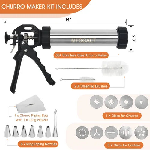 Vista 5 de Máquina para hacer churros, kit de pistola Churro de acero inoxidable de 21 piezas, pistola para hacer churros, juego de prensa de galletas, churro