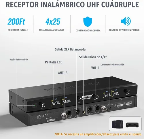 Vista 2 de Phenyx Pro 4-Ch UHF Sistema de micrófono inalámbrico dinámico de metal PTU-5200-4H 4 Cordless Handheld Mics, 4 x 25 Frequencies, 200 ft Range