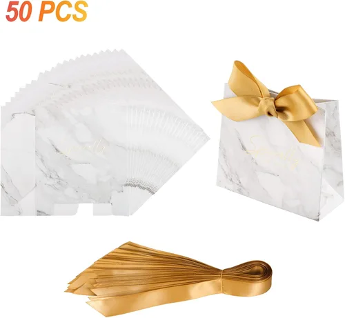 Vista 6 de Yoption 50 cajas de regalo de boda, pequeñas bolsas de regalo de agradecimiento, cajas de dulces con lazo dorado, boda, despedida de soltera, fiesta