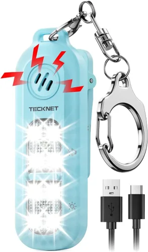 Vista 12 de TECKNET Alarma de seguridad personal de 135 dB con luz estroboscópica SOS para mujer, recargable e impermeable IPX4, luces de carrera con linterna