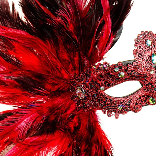 Vista 4 de Máscara veneciana veneciana de lujo para mujer con plumas laterales - rojo, Rojo