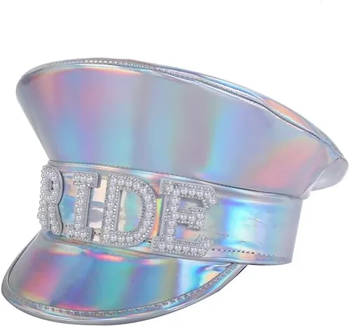 Vista 3 de Yesaxwiv Unisex deslumbrante sombrero de novia de cuero plateado sombrero de gallina sombrero nupcial capitán sombrero policía Cosplay Cap