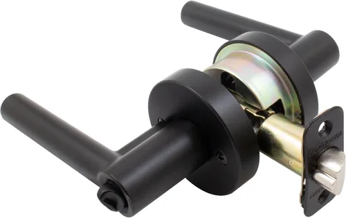 Vista 4 de Stone Harbor Hardware Zurich - Manija de puerta con roseta redonda, pestillo de entrada, llave KW, negro mate