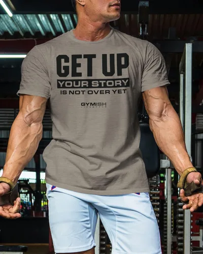 Vista 3 de Camisetas de entrenamiento para hombres, camiseta de gimnasio con texto en inglés Get Up Your Story is Not Over Yet, divertida camiseta