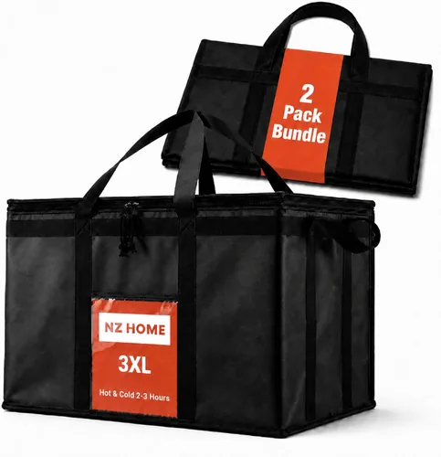 Vista 25 de Bolsa térmica XXL aislada y calentador de alimentos para entrega y compras de comestibles con parte superior con cremallera, color negro