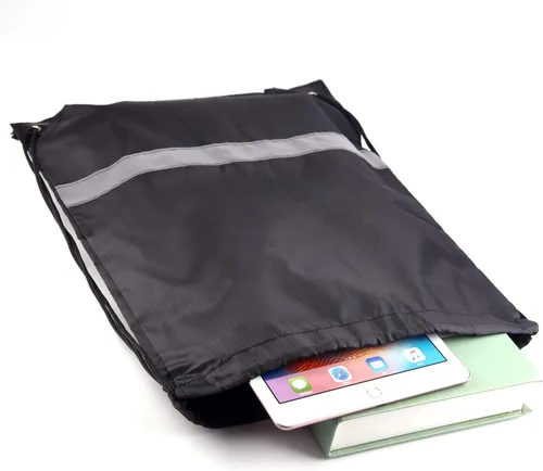 Vista 4 de KUUQA Mochila con cordón y tira reflectante, mochila de cuerda, bolsa de cincha a granel para escuela, yoga, deporte, gimnasio, viajes, Negro