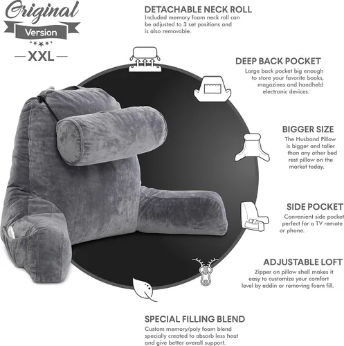 Vista 5 de Husband Pillow Backrest with Arms - Adult Reading Pillow with Shredded Memory Foam, Ultra-Comfy Removable Microplush Cover & Detachable Neck Roll