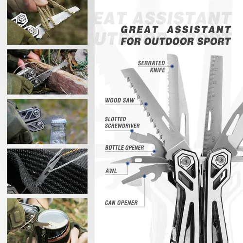 Vista 5 de MOSSY OAK Multiherramienta, cuchillo de bolsillo de acero inoxidable 21 en 1 con funda de destornillador, alicates autobloqueantes con funda