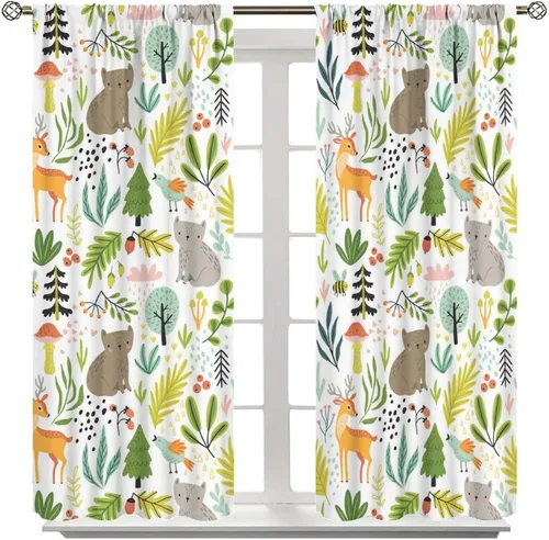 Vista 8 de Cortinas opacas de animales de safari para niños, lindos dibujos animados de animales salvajes, ciervos, hongos, árboles, cortinas para decoración