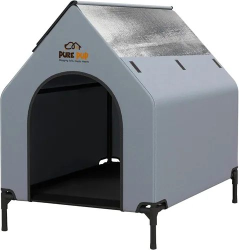 Vista 2 de Casa extragrande para perros al aire libre con toldo de techo, cama elevada con ventanas de malla de 16.1 x 11.4 x 9.8 in/19.2 lbs - Refugio