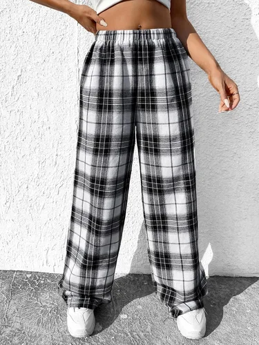 Vista 5 de OYOANGLE Pantalones largos sueltos casuales de cintura alta con estampado a cuadros para mujer