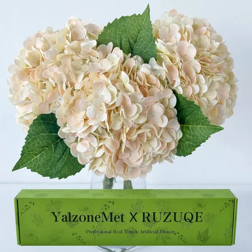 Vista 21 de YalzoneMet 3 unidades de flores artificiales de hortensia color beige cremoso de 21 pulgadas con textura real, flores de látex sintético