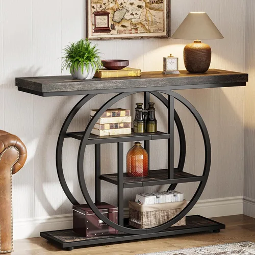 Vista 12 de Tribesigns Mesa de Consola de 41.3", Mesa Industrial de 4 Niveles para Sofá Mesa de Entrada con Base Circular, Mesas de Acento de Madera Estrechas