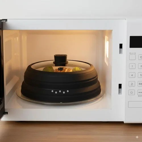 Vista 4 de Cubierta de vidrio contra salpicaduras para microondas, tapa plegable para protección de salpicaduras de alimentos, con mango de silicona para tazón