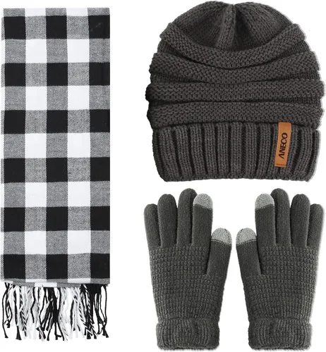 Vista 6 de Aneco Conjunto de bufanda de punto cálido de invierno para hombres y mujeres bufanda elástica suave